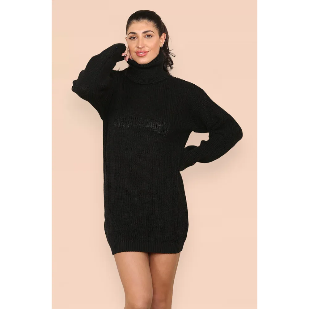 Polo Roll Neck Over Sized Ribbed Knitted Florescent Chunky Jumper Dress