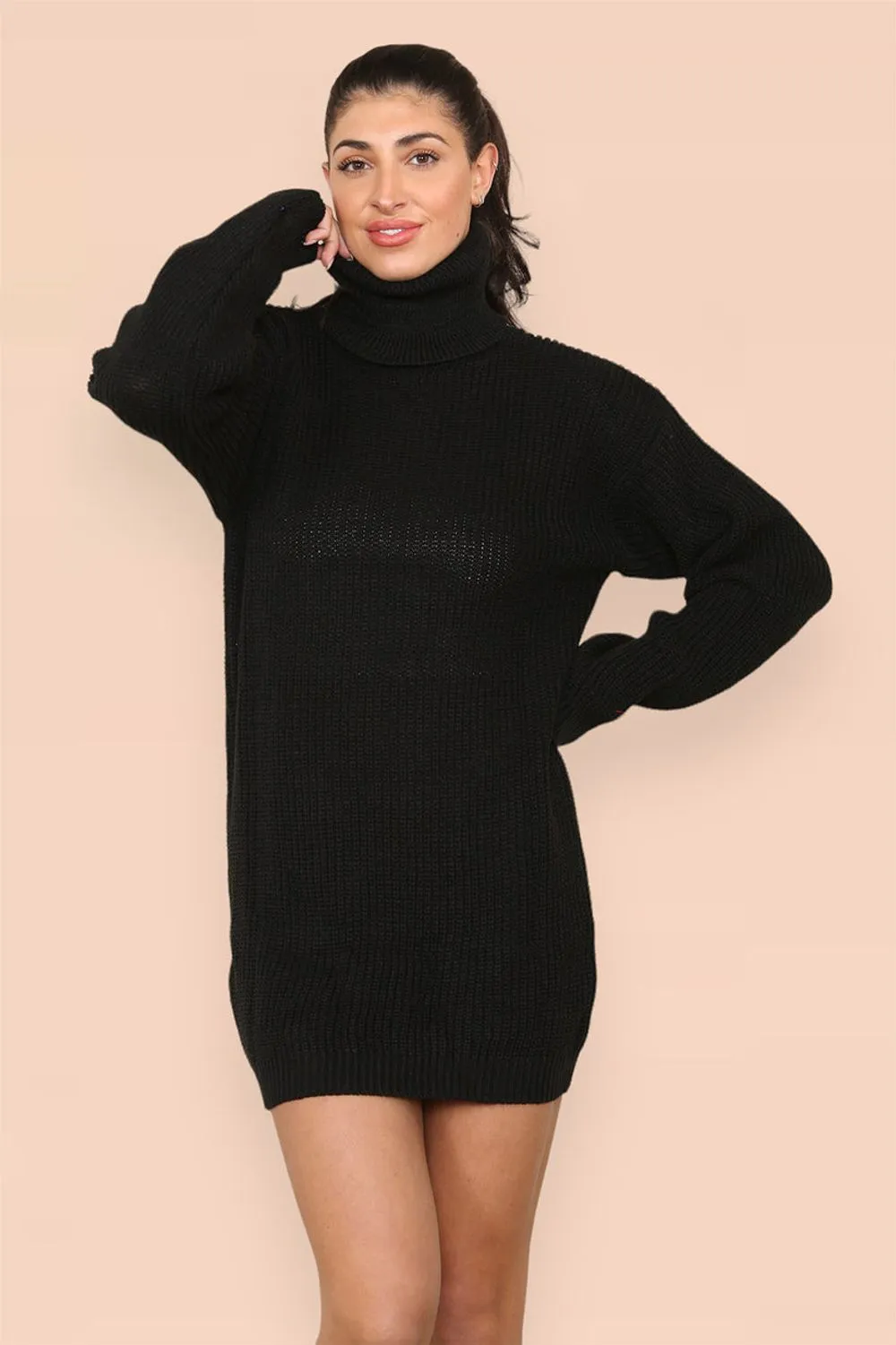 Polo Roll Neck Over Sized Ribbed Knitted Florescent Chunky Jumper Dress