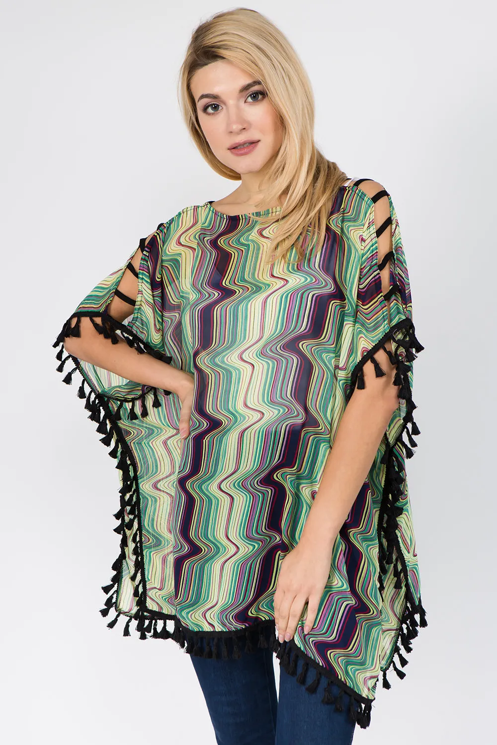 PP-1C74 geometric open shoulder poncho with tassels