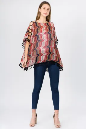 PP-1C74 geometric open shoulder poncho with tassels