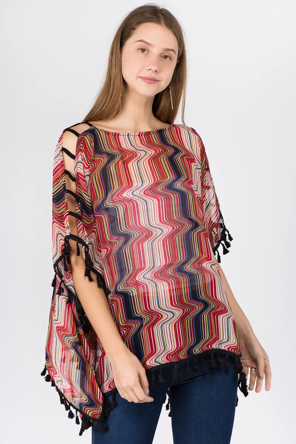 PP-1C74 geometric open shoulder poncho with tassels