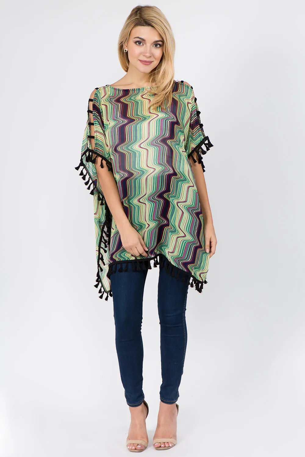 PP-1C74 geometric open shoulder poncho with tassels