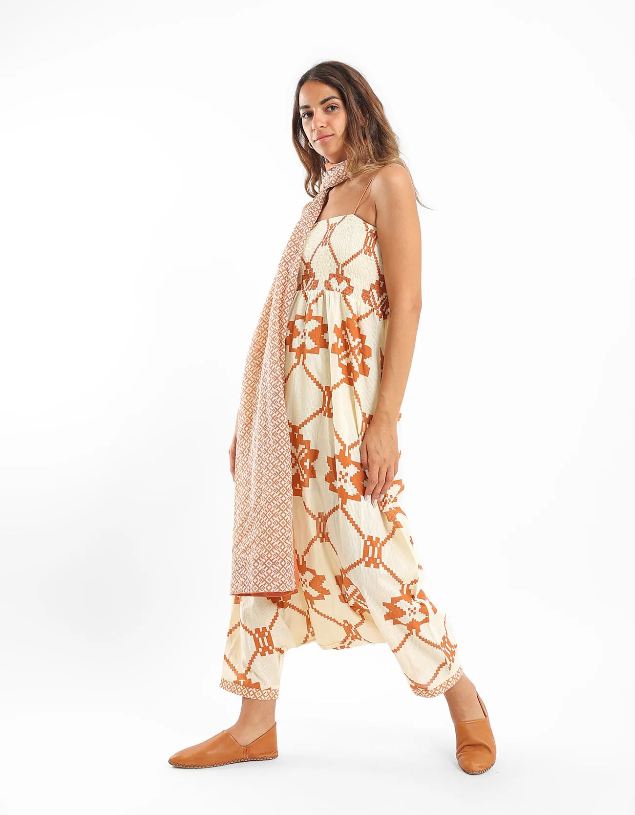 Printed jumpsuit with adjustable thin straps