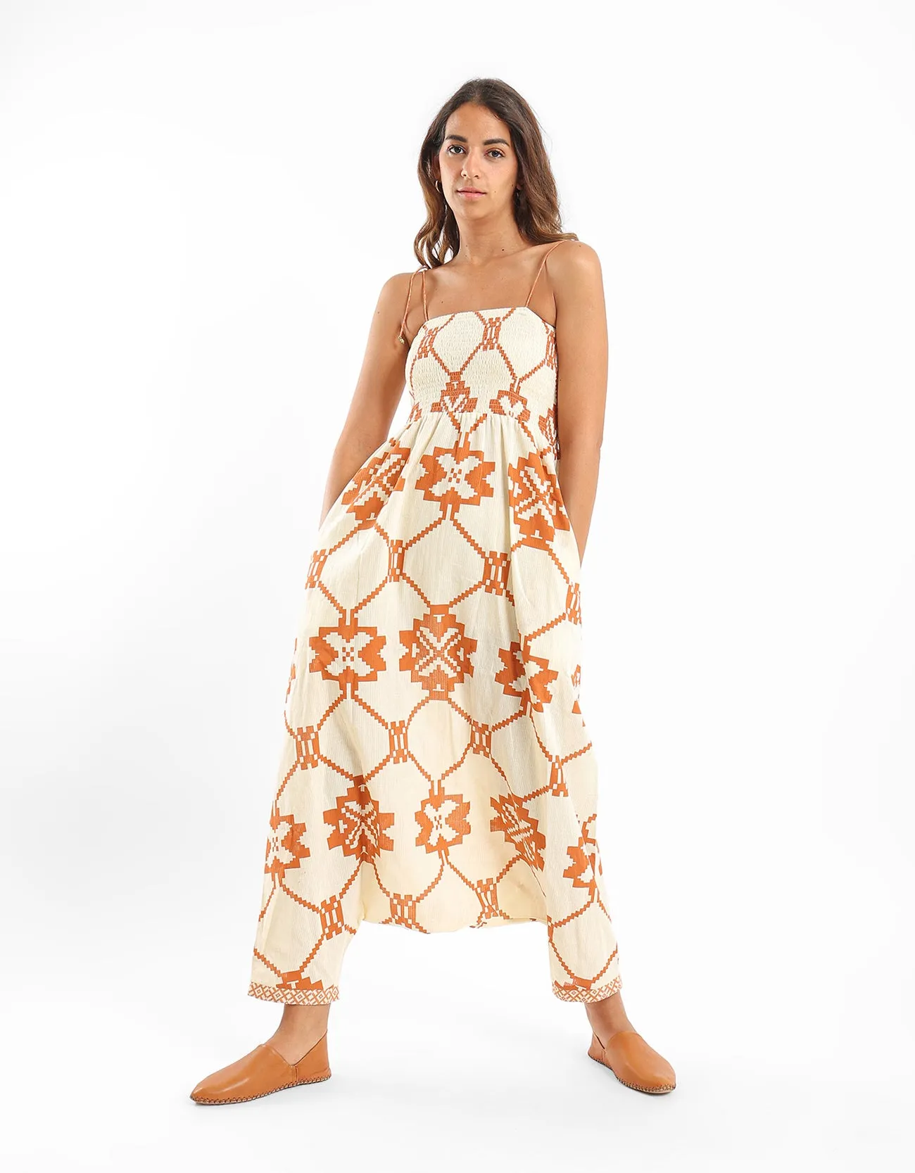 Printed jumpsuit with adjustable thin straps