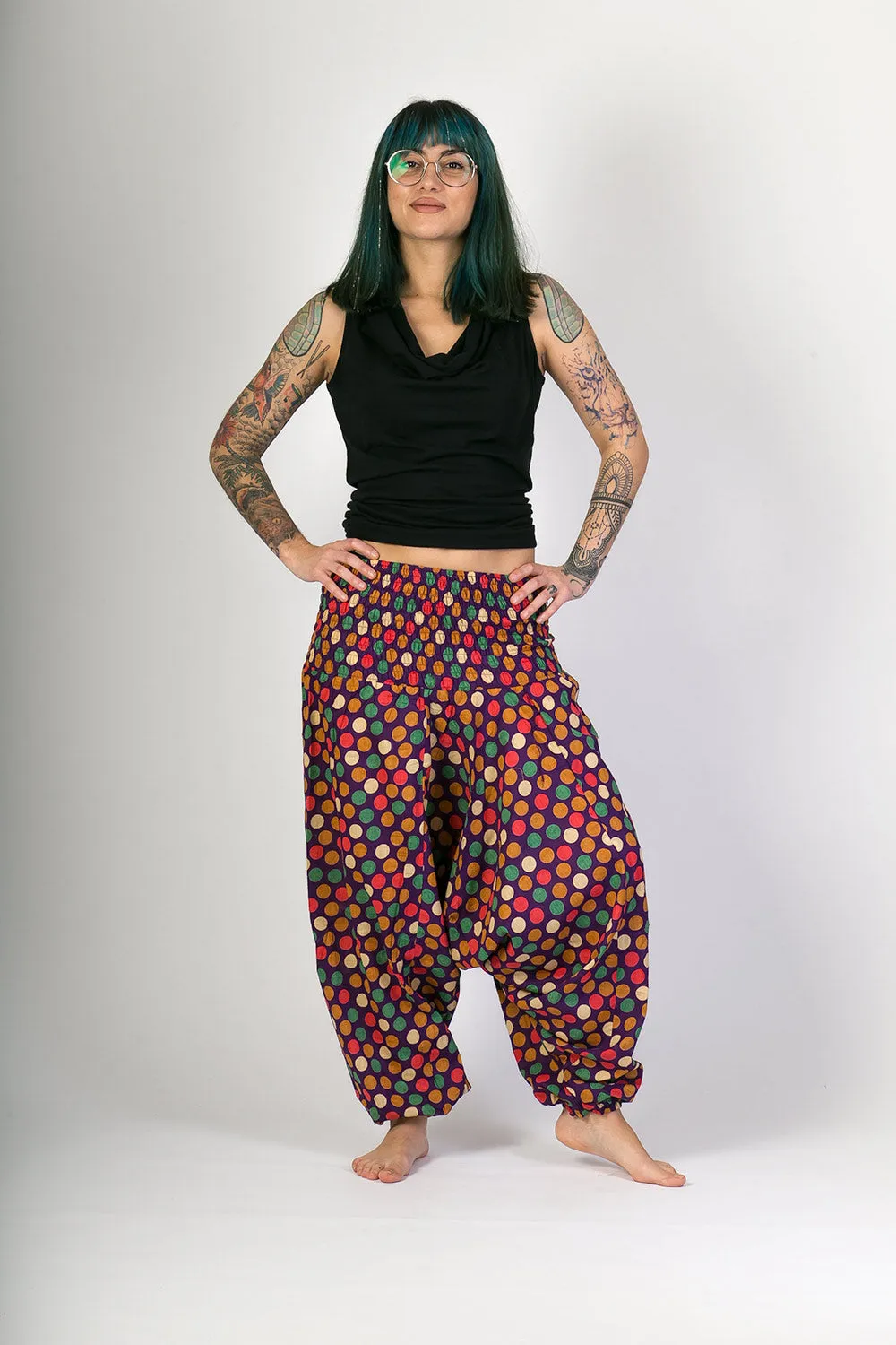 Purple Dots Print Cotton Harem Yoga Jumpsuit Pants