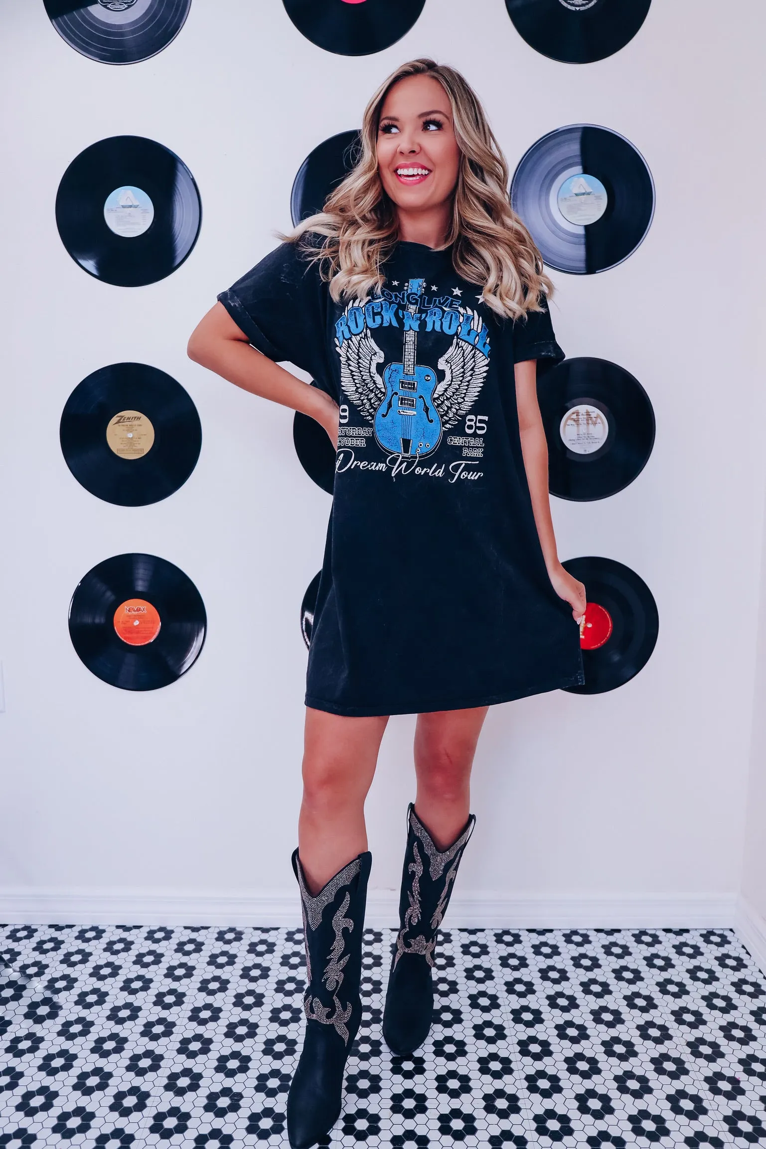 "Rock N Roll" Graphic T-Shirt Dress - Mineral Black