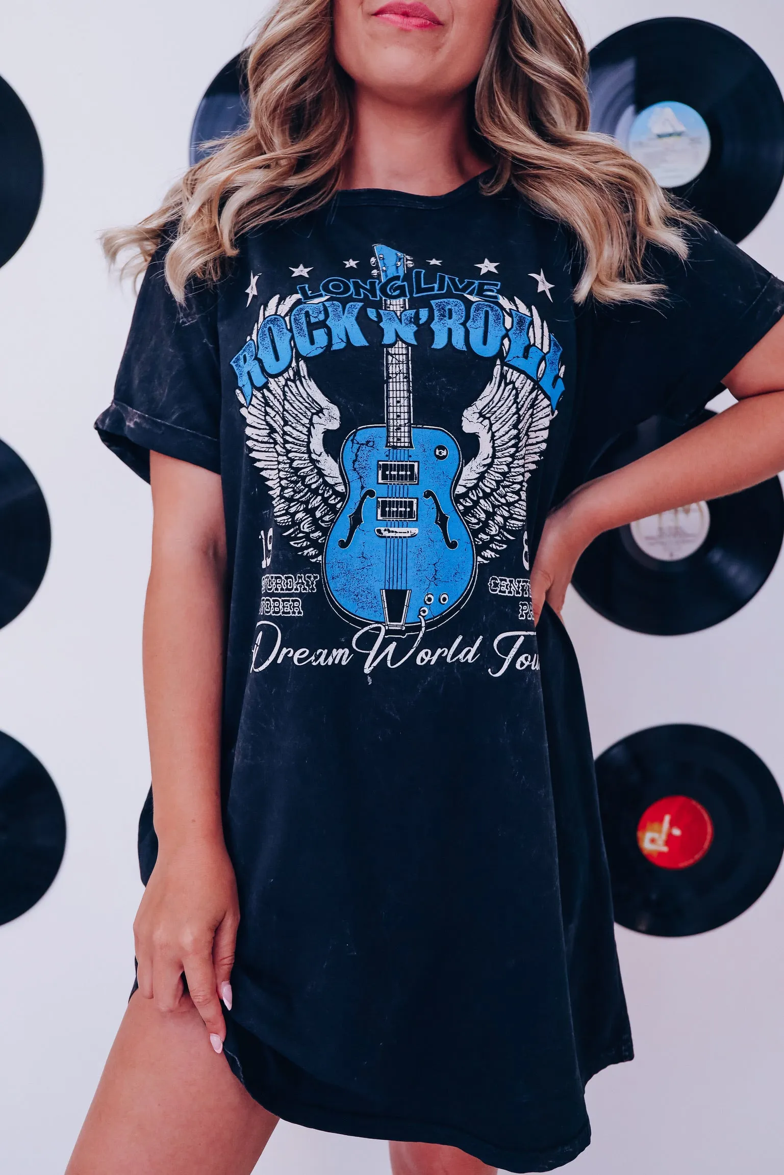 "Rock N Roll" Graphic T-Shirt Dress - Mineral Black