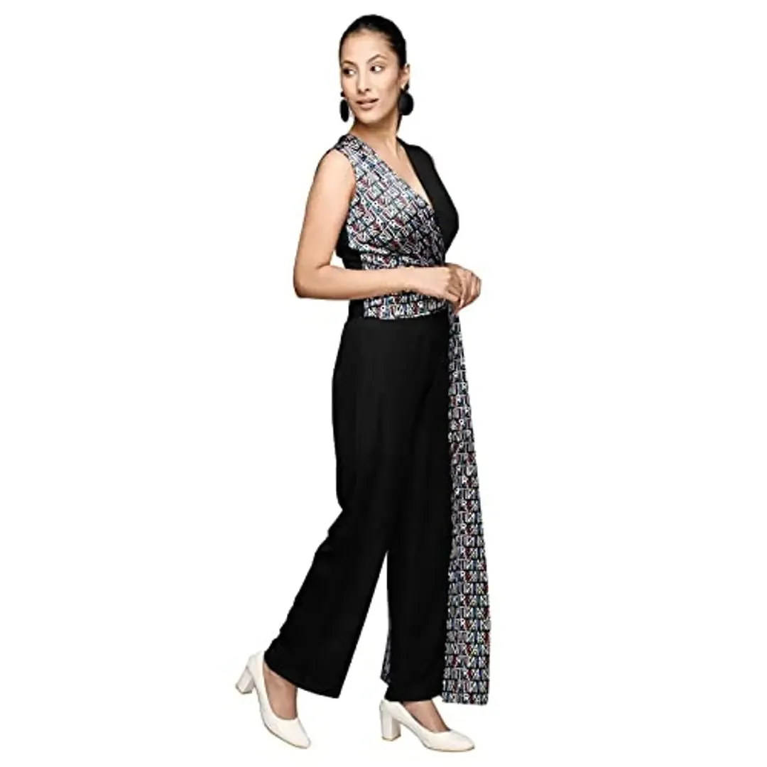 RANJ Jumpsuit Having V Neck And Sleeveless And Signature Print Drape Over The Body.(Black-XS)