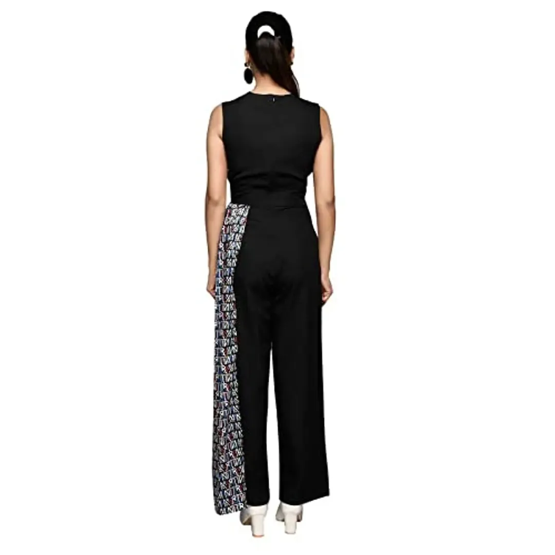 RANJ Jumpsuit Having V Neck And Sleeveless And Signature Print Drape Over The Body.(Black-XS)