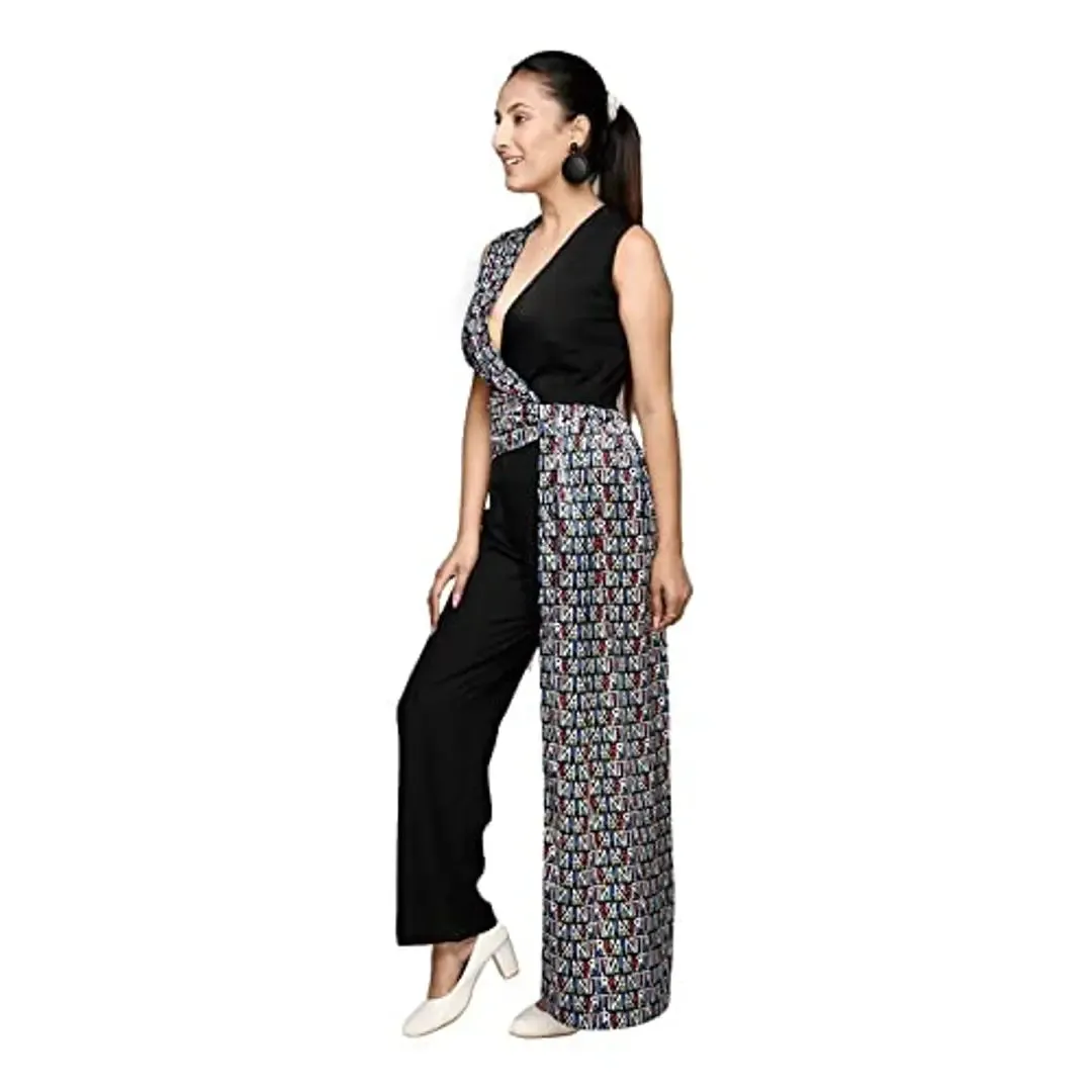 RANJ Jumpsuit Having V Neck And Sleeveless And Signature Print Drape Over The Body.(Black-XS)