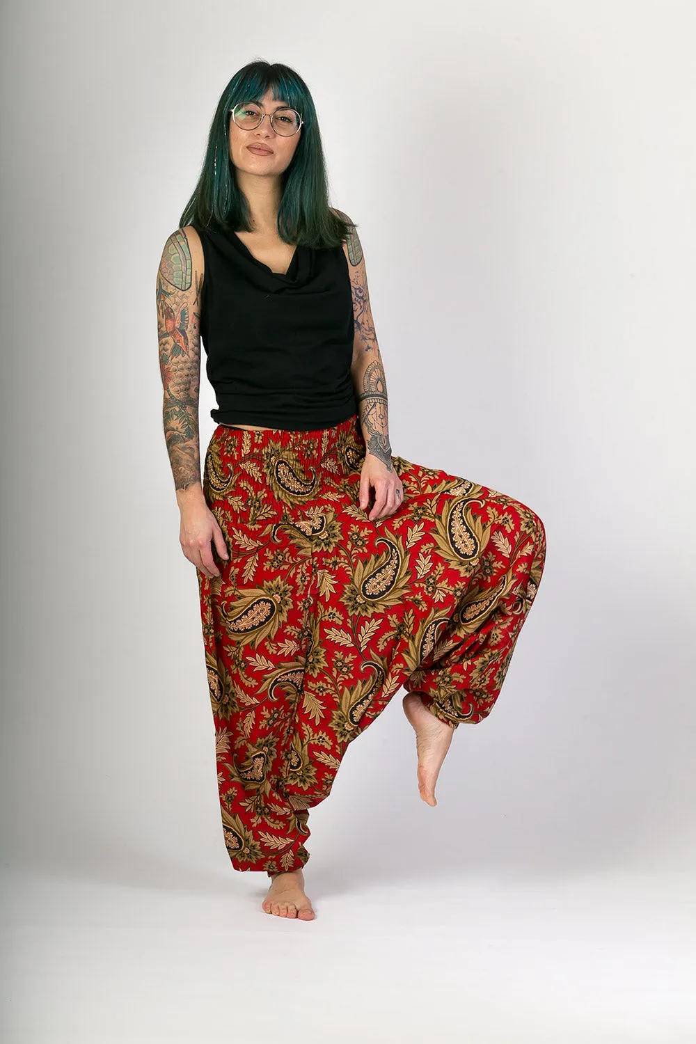 Red Floral Print Cotton Harem Yoga Jumpsuit Pants