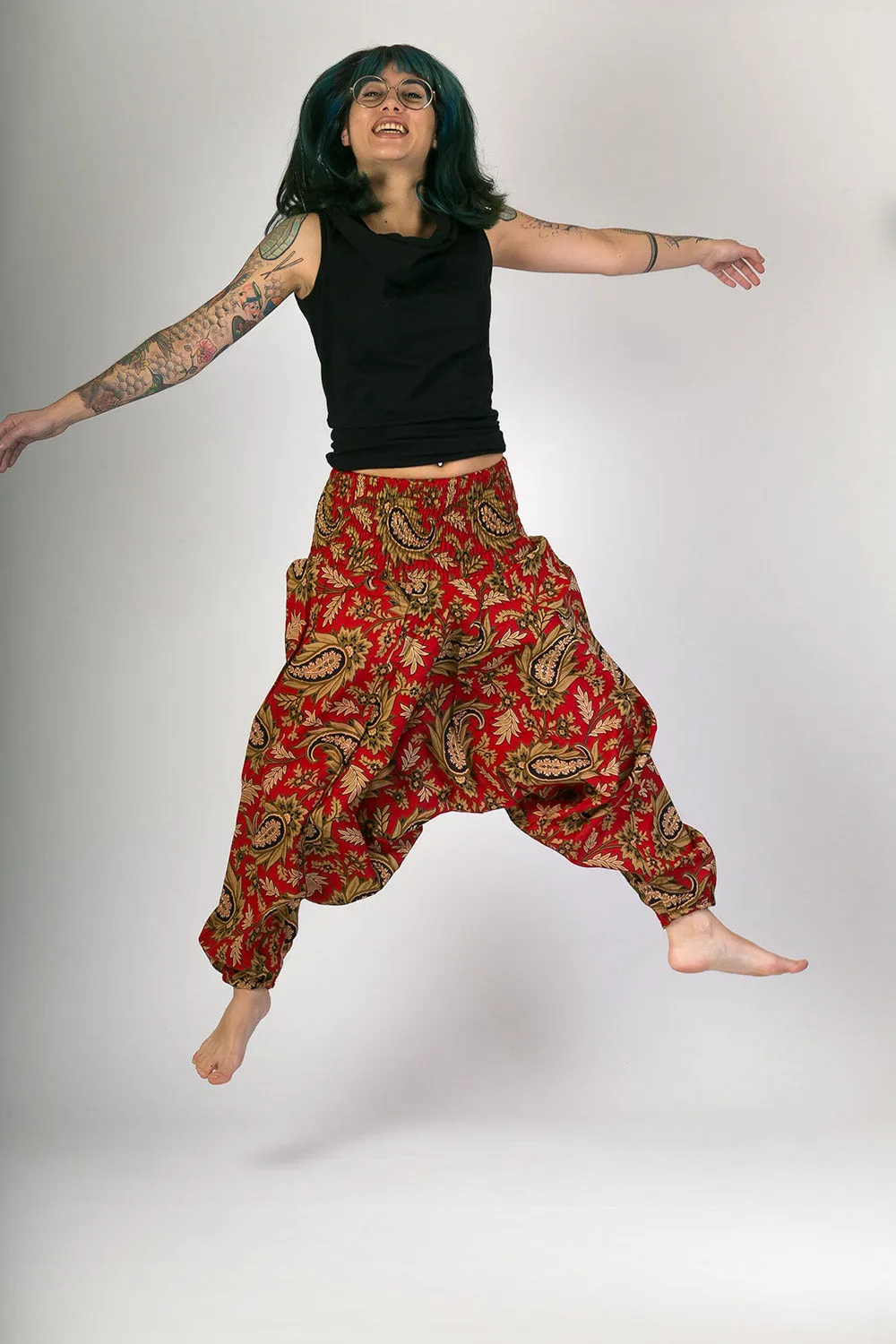 Red Floral Print Cotton Harem Yoga Jumpsuit Pants