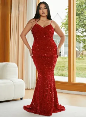 Red Sequin Plus Size Evening Dress Elegant Bodycon Mermaid Gown