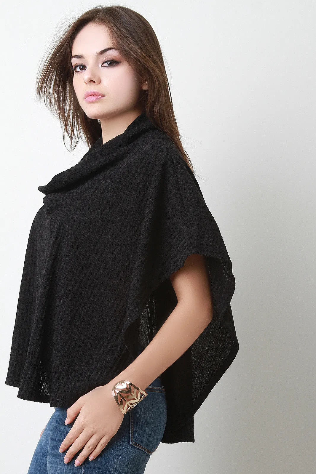 Ribbed Knit Cowl Neck Poncho Top