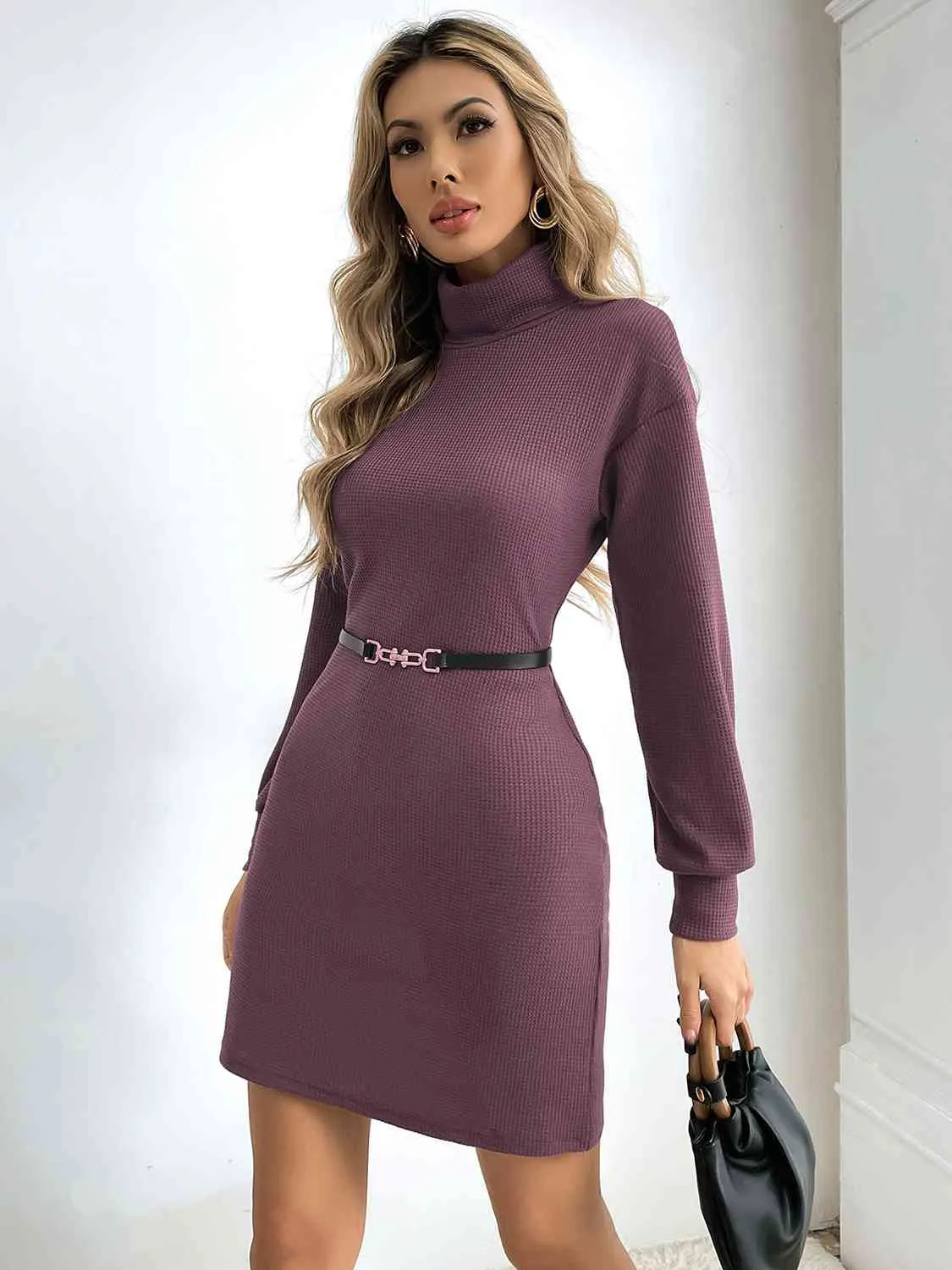 Ribbed Turtle Neck Long Sleeve Dress