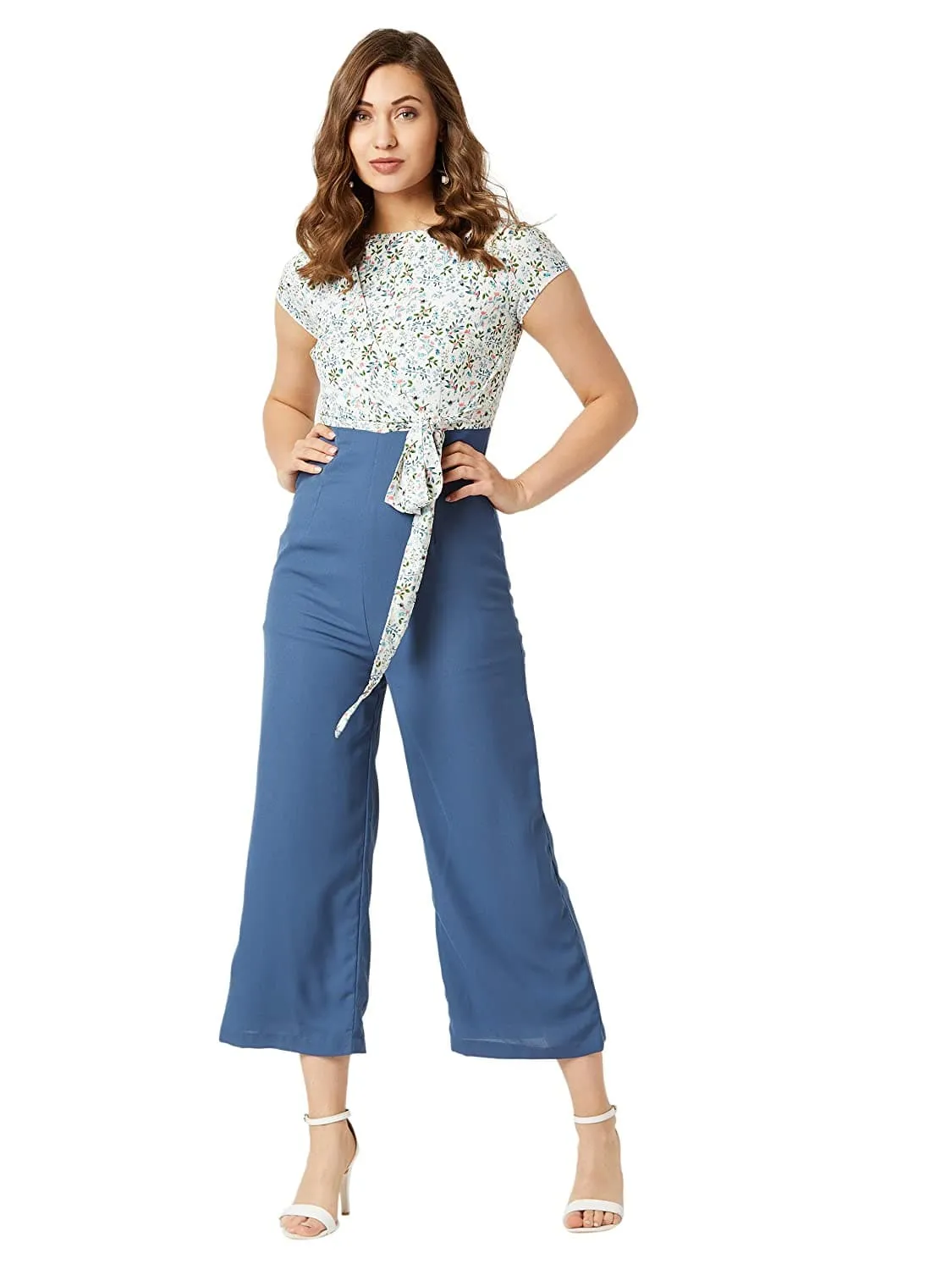 Round Neck Short Sleeves Floral Waist Tie-Up Jumpsuit