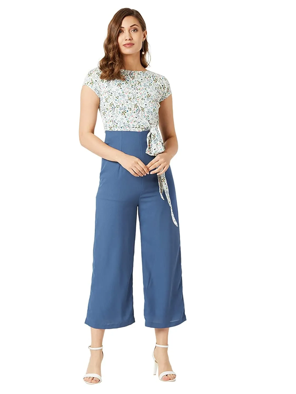 Round Neck Short Sleeves Floral Waist Tie-Up Jumpsuit