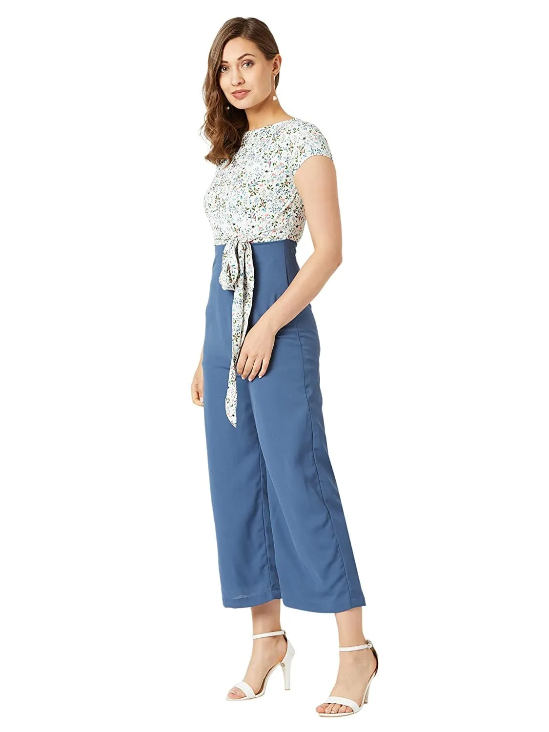 Round Neck Short Sleeves Floral Waist Tie-Up Jumpsuit