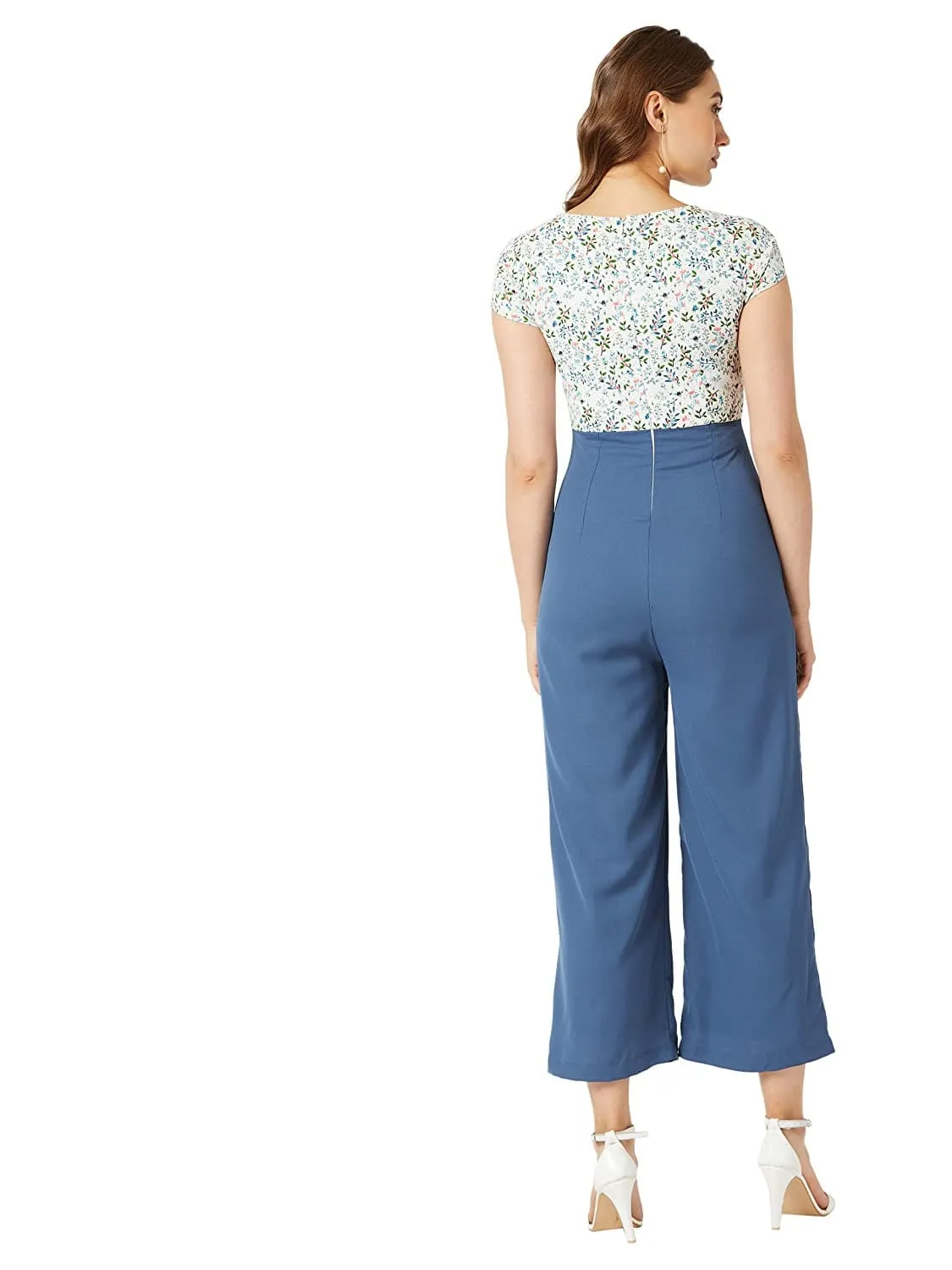 Round Neck Short Sleeves Floral Waist Tie-Up Jumpsuit