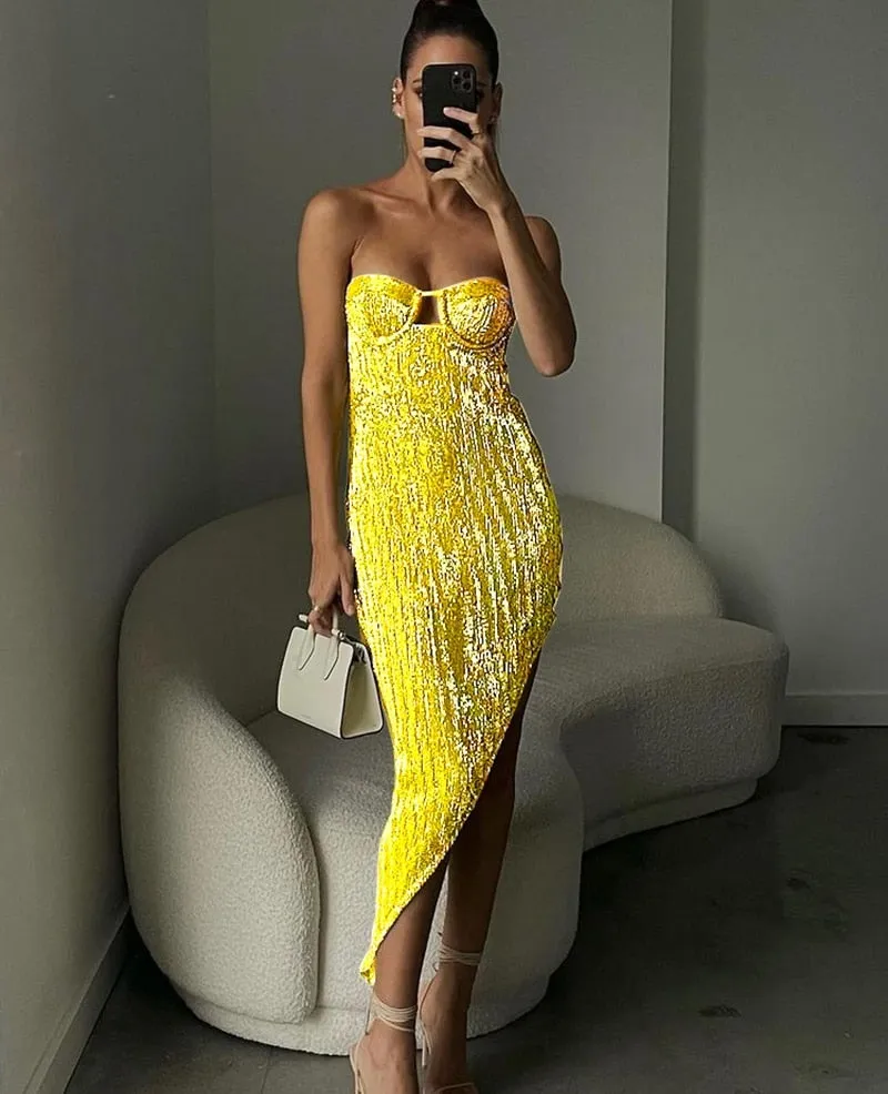 Sequin Dress Women Vacation Beach Backless Dress Split Bodycon Evening Party Dress