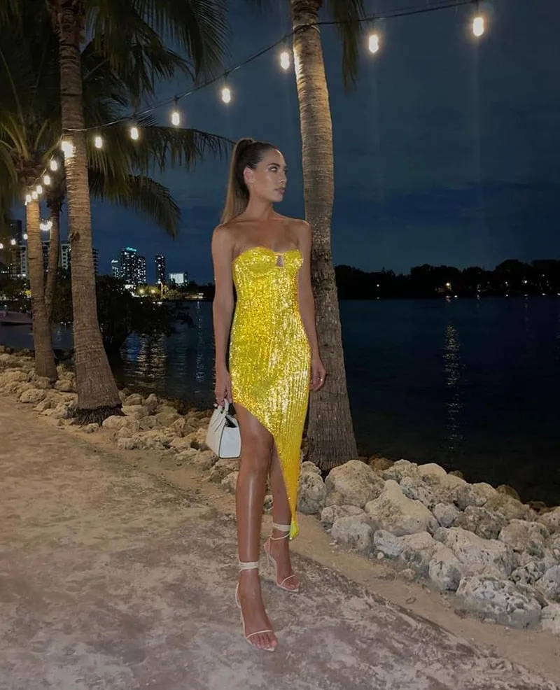 Sequin Dress Women Vacation Beach Backless Dress Split Bodycon Evening Party Dress