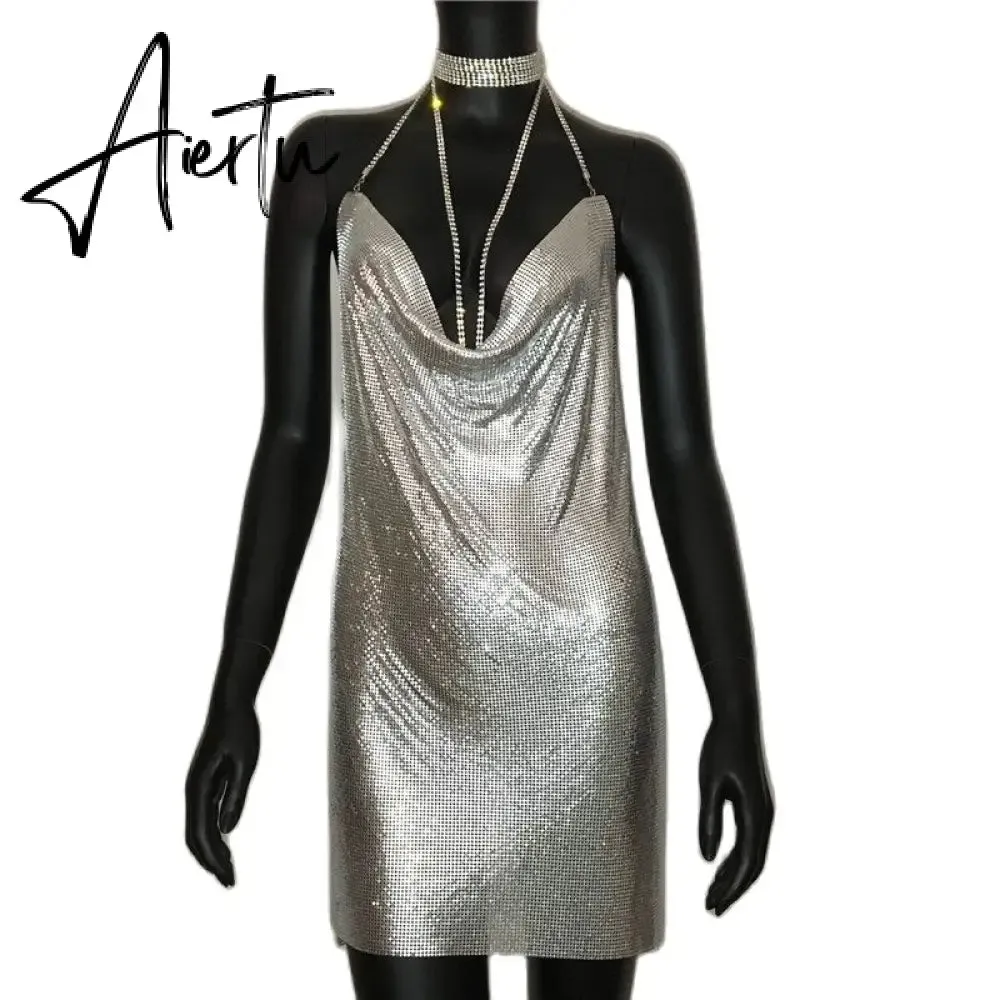 Sexy Gold Sequined Patchwork Mini Dress Women Sleeveless Low Cut Metal Chains Halter Slim Charming Nightclub Party Dresses