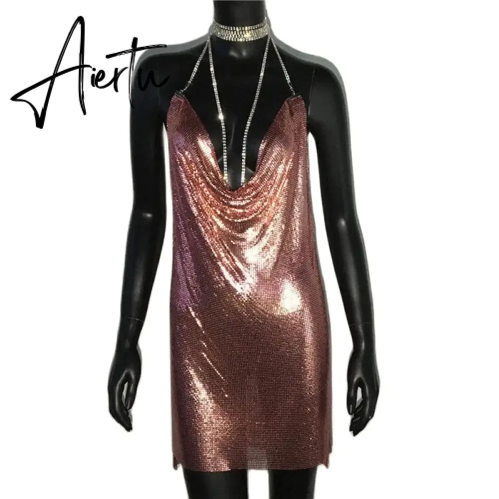 Sexy Gold Sequined Patchwork Mini Dress Women Sleeveless Low Cut Metal Chains Halter Slim Charming Nightclub Party Dresses