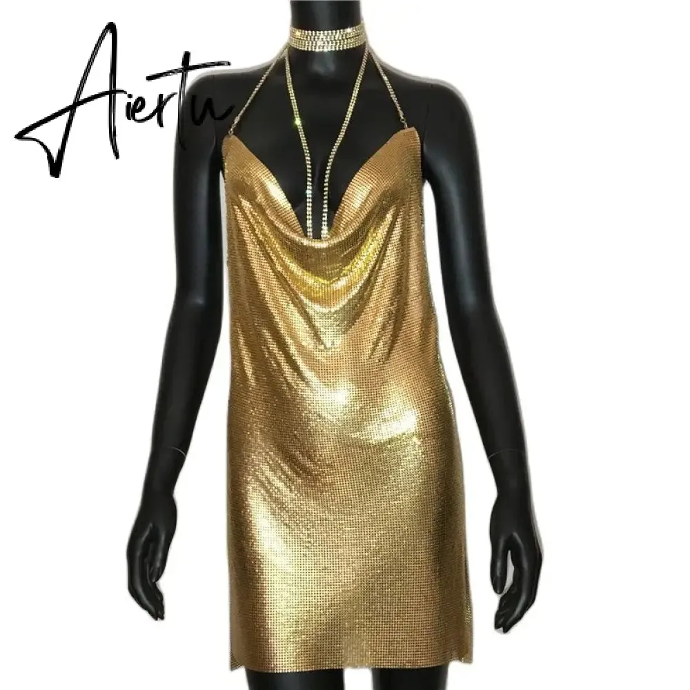 Sexy Gold Sequined Patchwork Mini Dress Women Sleeveless Low Cut Metal Chains Halter Slim Charming Nightclub Party Dresses