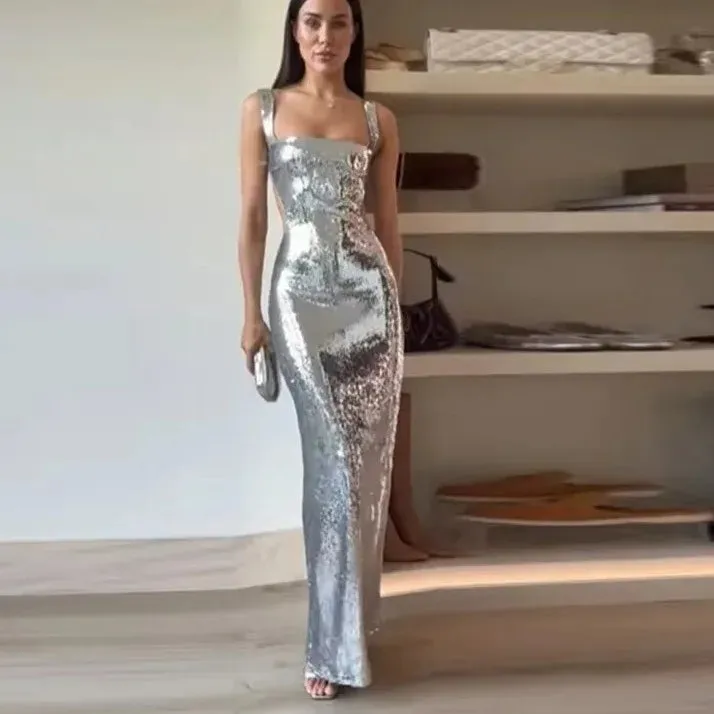 Sexy Sling Backless Silvery High Waist Bodycon Sleeveless Maxi Dress for Women