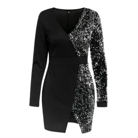 Sexy V-neck Sequin Party Long Sleeve Short Bodycon Club Style Mini Dress