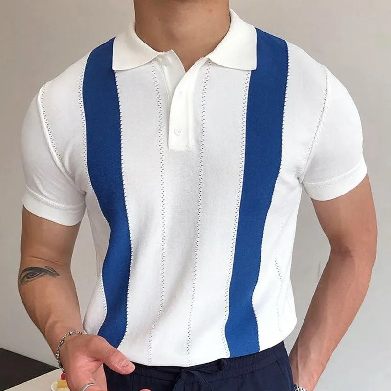 Short sleeved knitted sweater with white stripes slim fit business POLO shirt