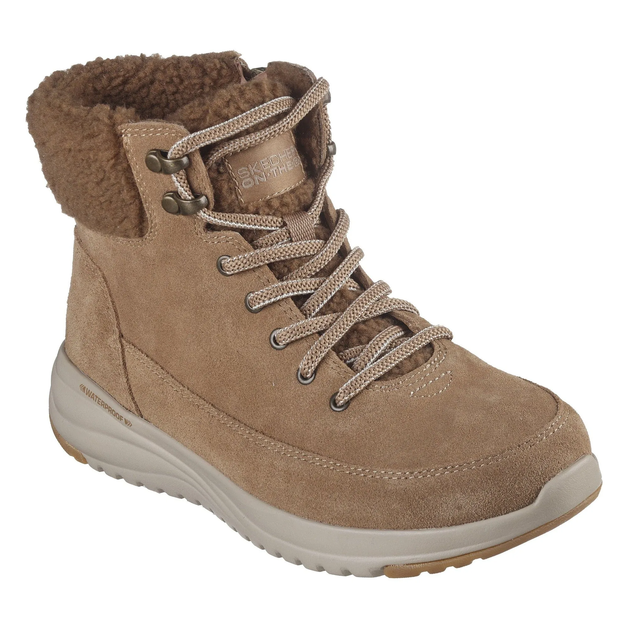 Skechers 144770 On The Go Stellar Winterize Ladies Brown Leather & Textile Waterproof Lace Up Ankle Boots