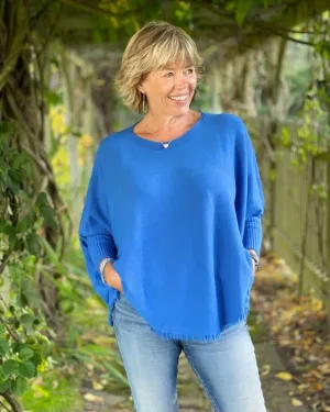 Slash Neck Fringed Poncho Jumper - Cobalt Blue