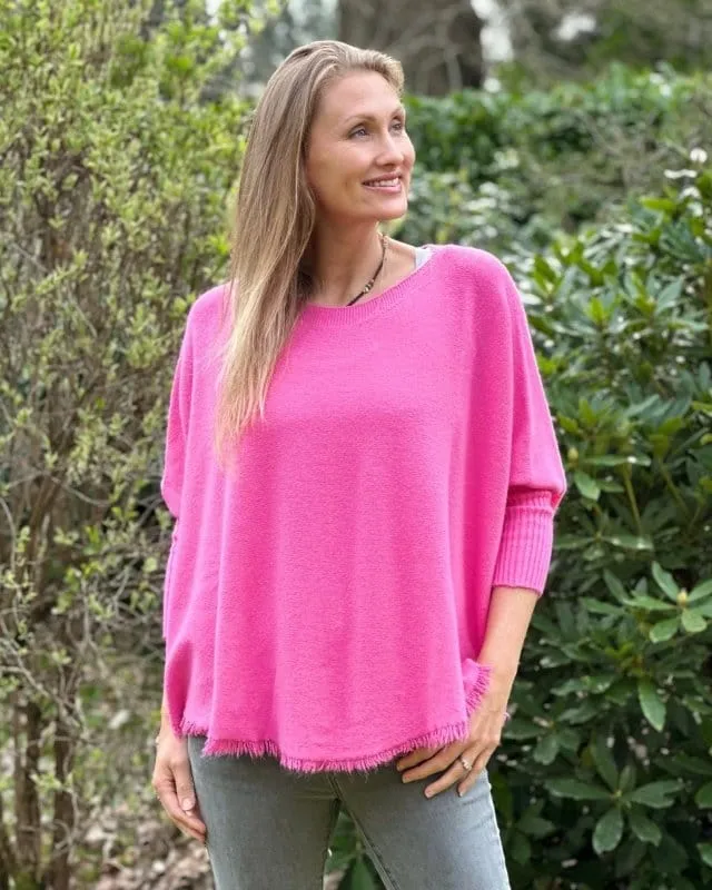 Slash Neck Fringed Poncho Jumper - Fuchsia