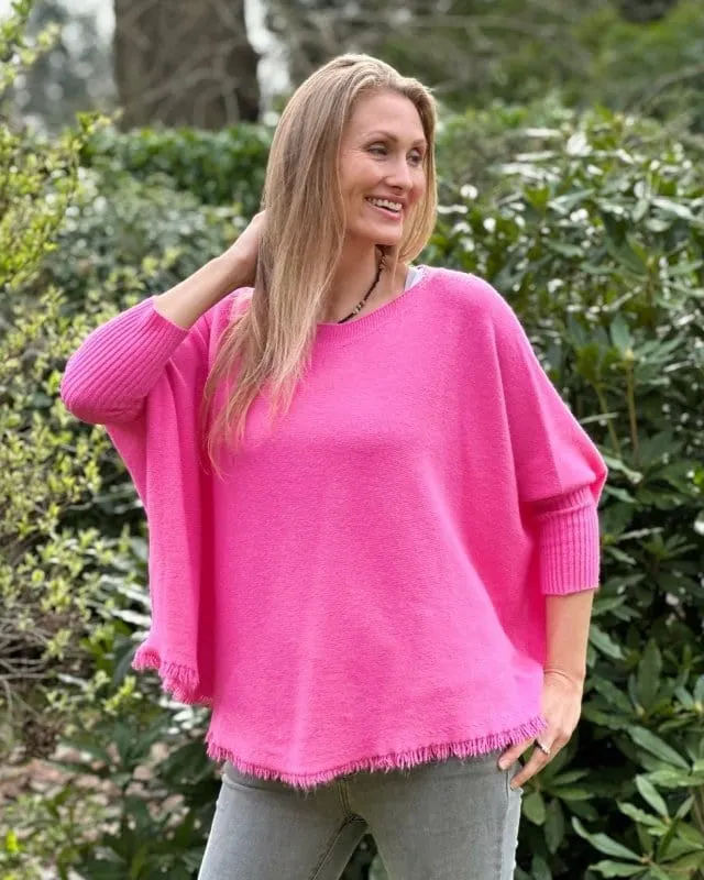 Slash Neck Fringed Poncho Jumper - Fuchsia