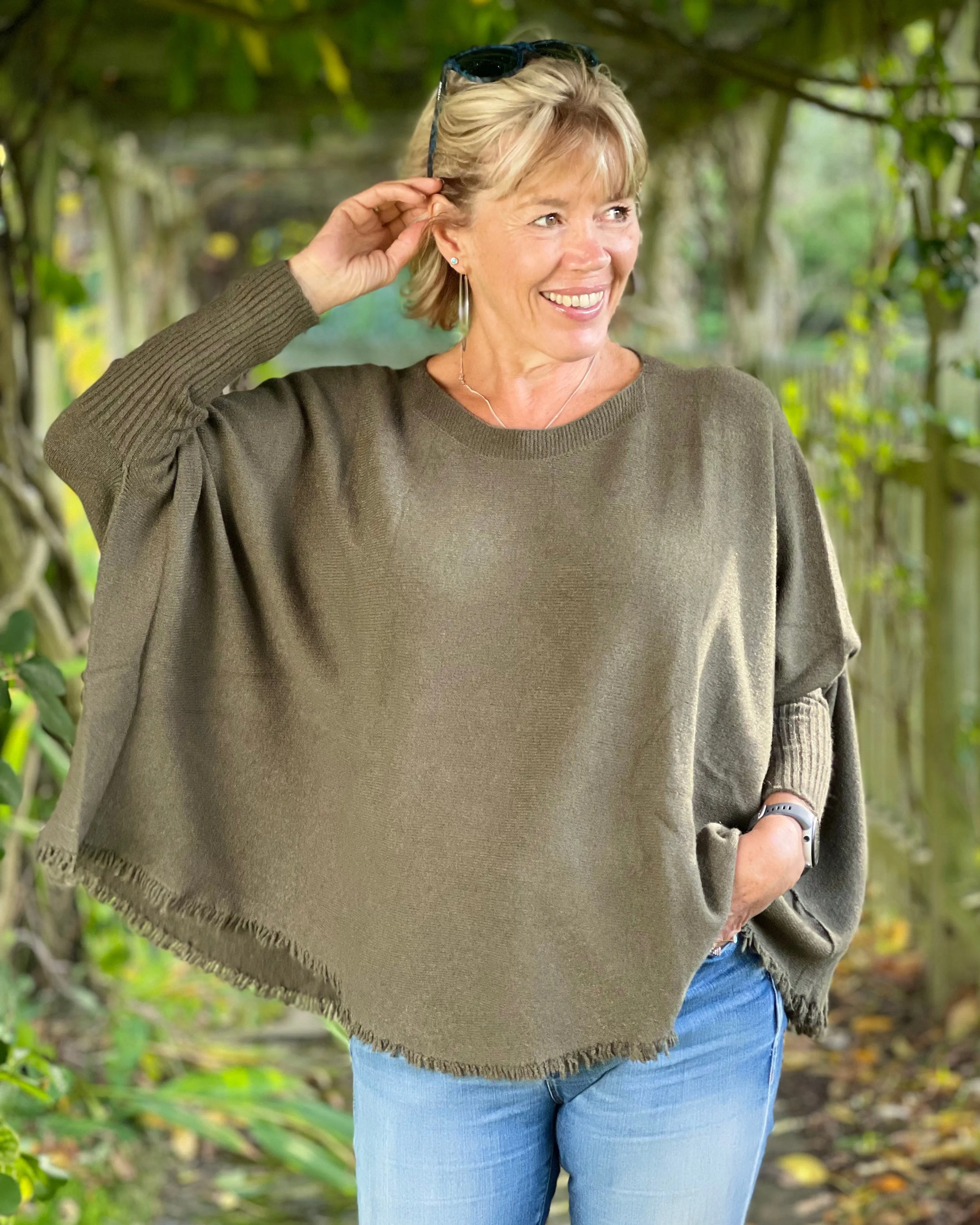 Slash Neck Fringed Poncho Jumper - Khaki