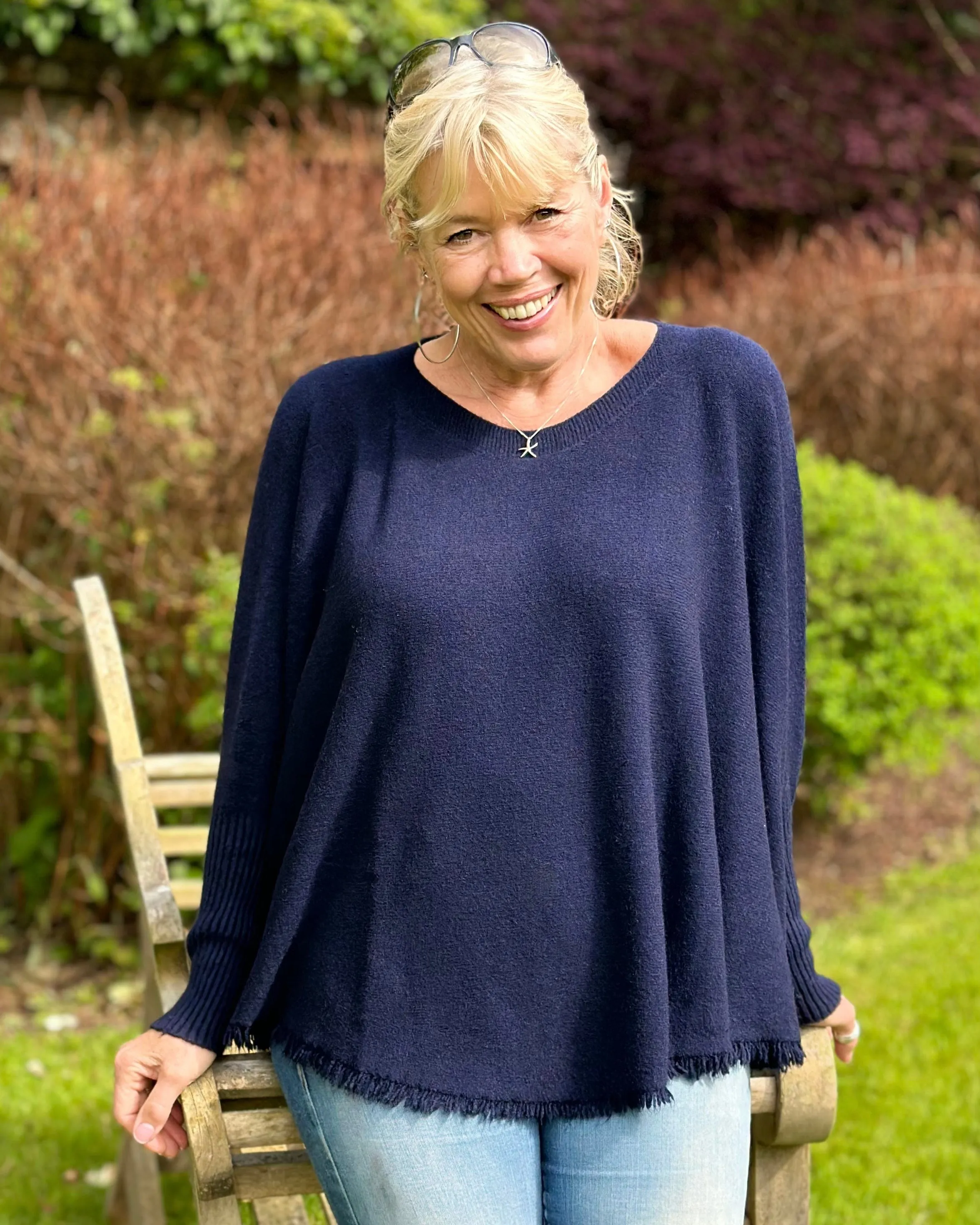 Slash Neck Fringed Poncho Jumper - Navy