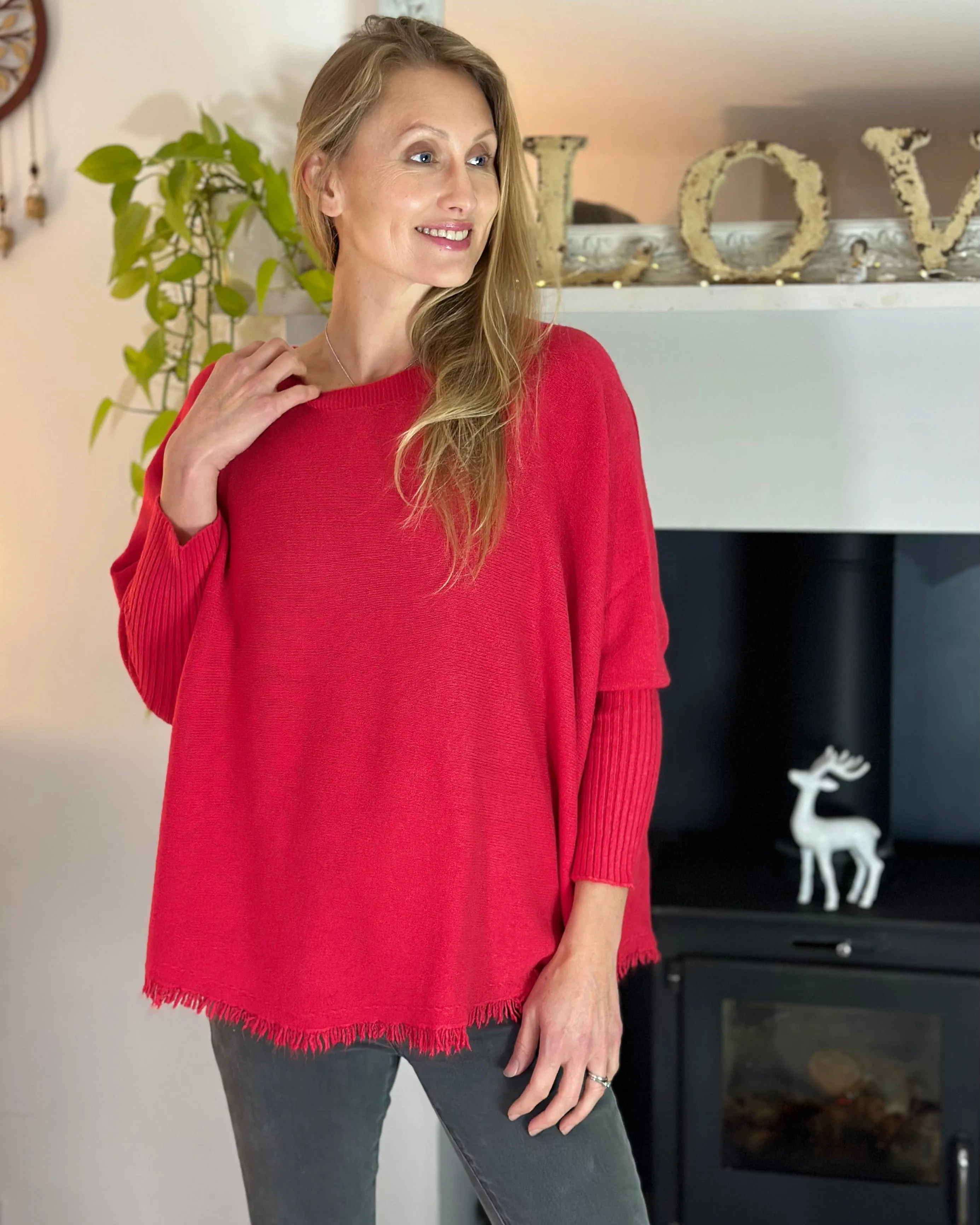 Slash Neck Fringed Poncho Jumper - Red