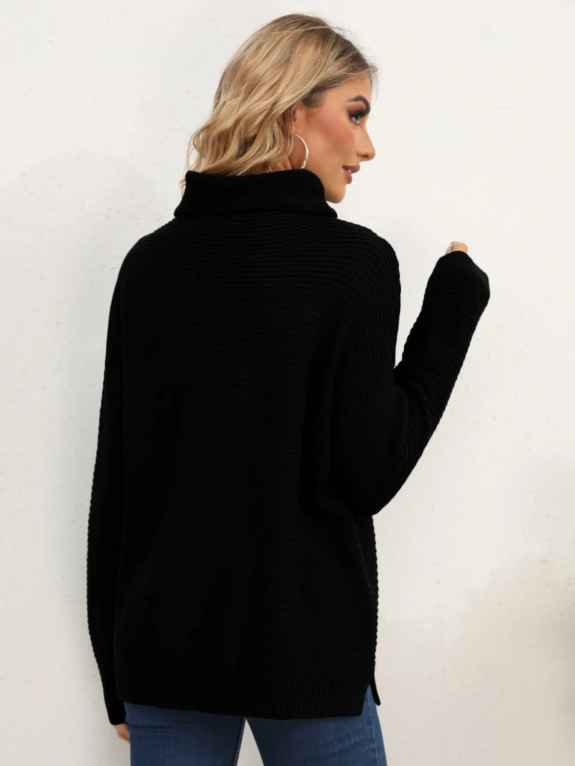 Slit Turtleneck Dropped Shoulder Sweater