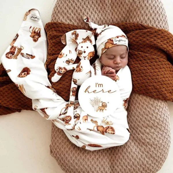 Snuggle Hunny Jersey Wrap with Matching Headwear - Lion Organic