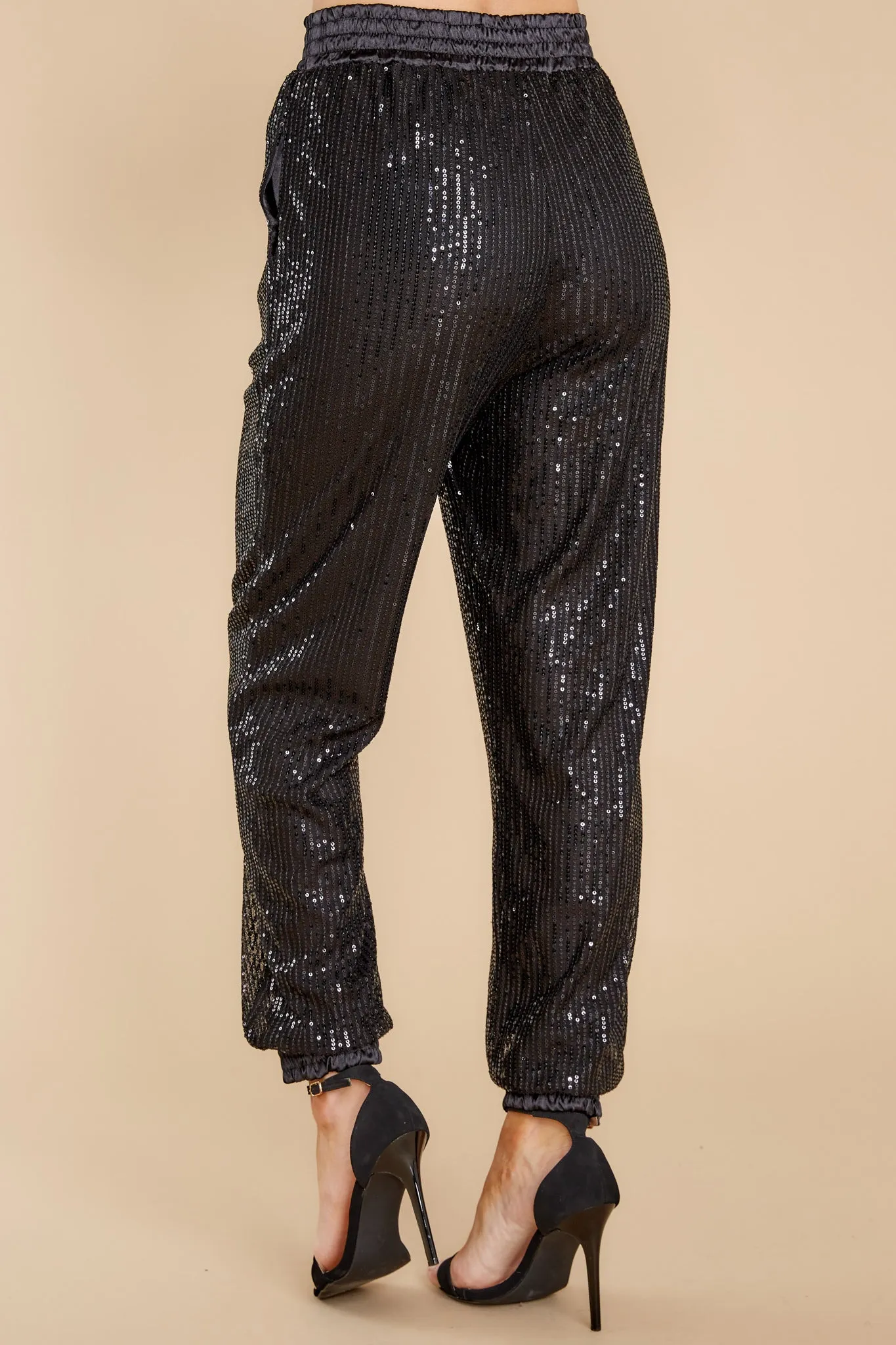 Sparkle With Me Black Satin Trim Sequin Joggers