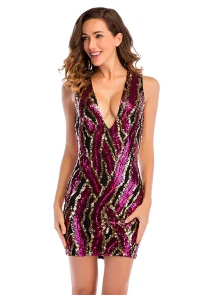 Sparkly Deep V-neck Sequined Sleeveless Bodycon Dress