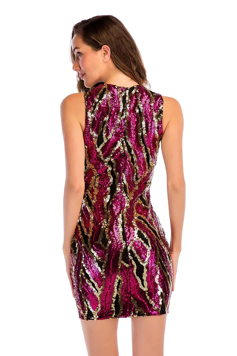 Sparkly Deep V-neck Sequined Sleeveless Bodycon Dress