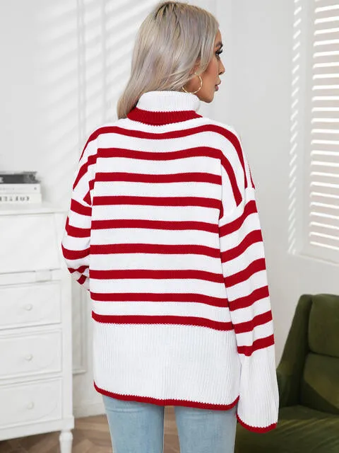 Striped Slit Turtleneck Drop Shoulder Sweater