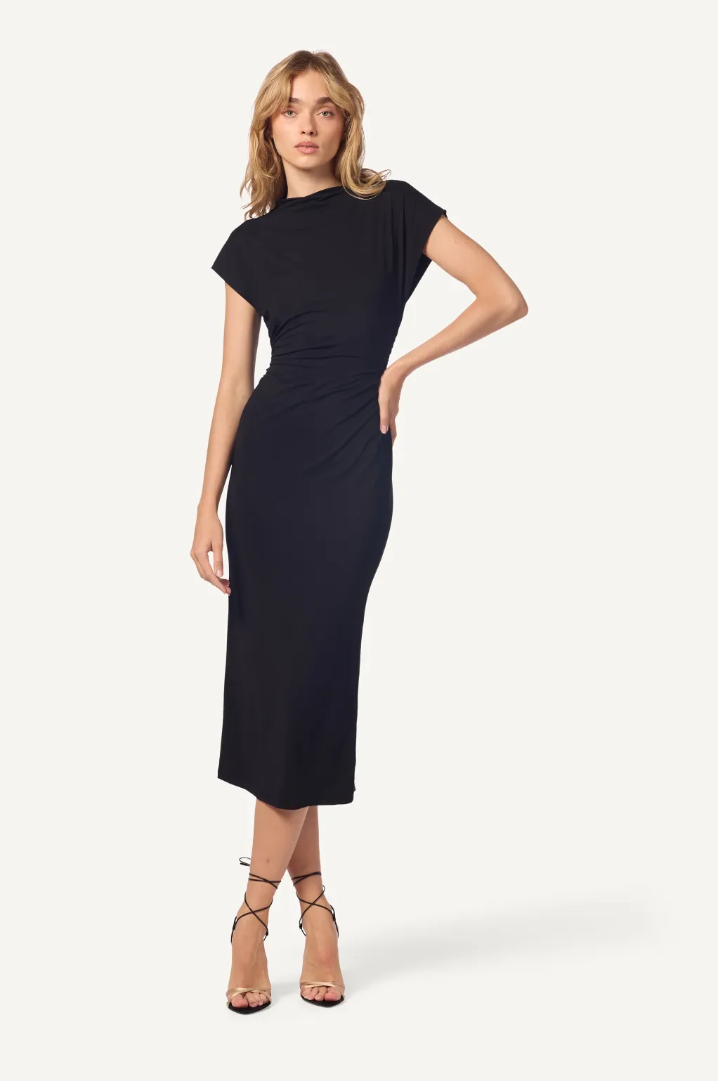 S/W SLOUCHY MOCK NK MIDI DRESS - BLACK