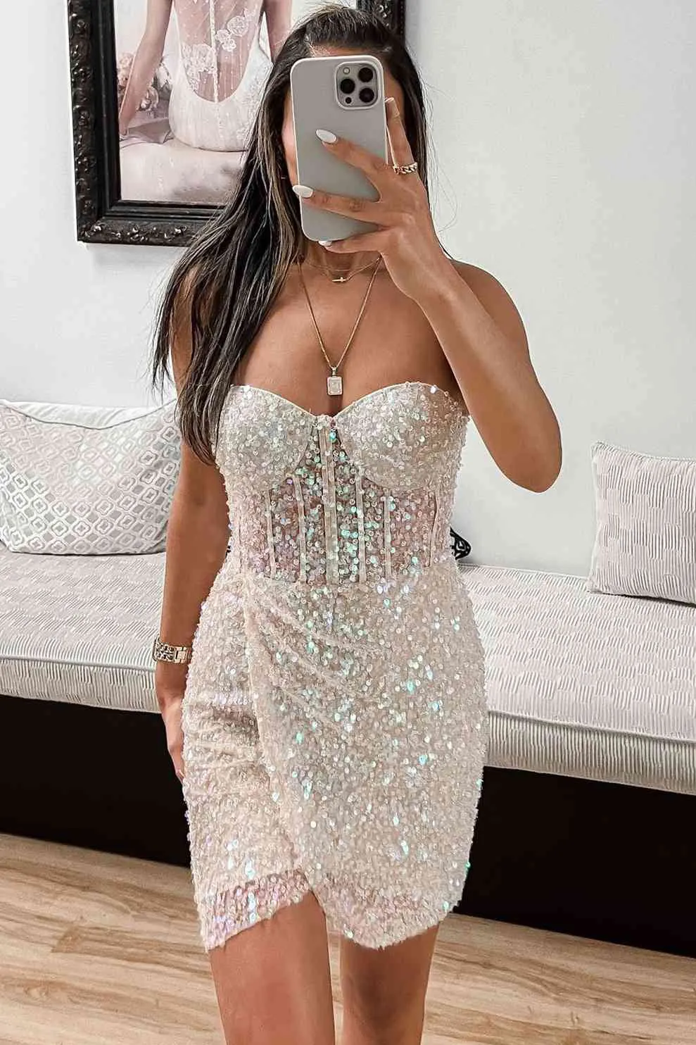 Sweetheart Sequined Corset Short Homecoming Gown Sparkle Hourglass Dress UQH0198