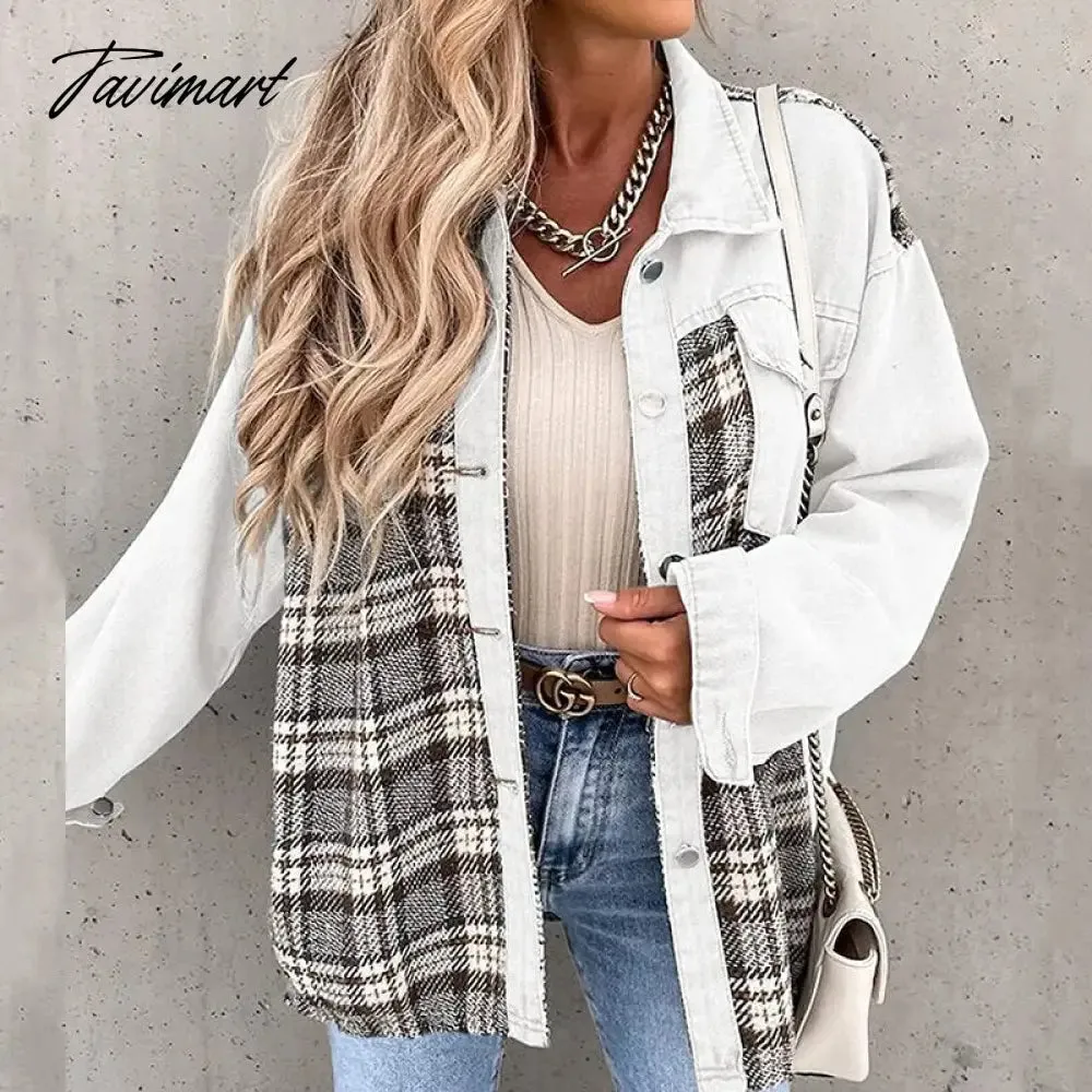 Tavimart Casual Button Turn-Down Collar Shirt Coat Top Women Fashion Commute Cardigan Coats Denim Jacket With Long Sleeve Plaid Patchwork