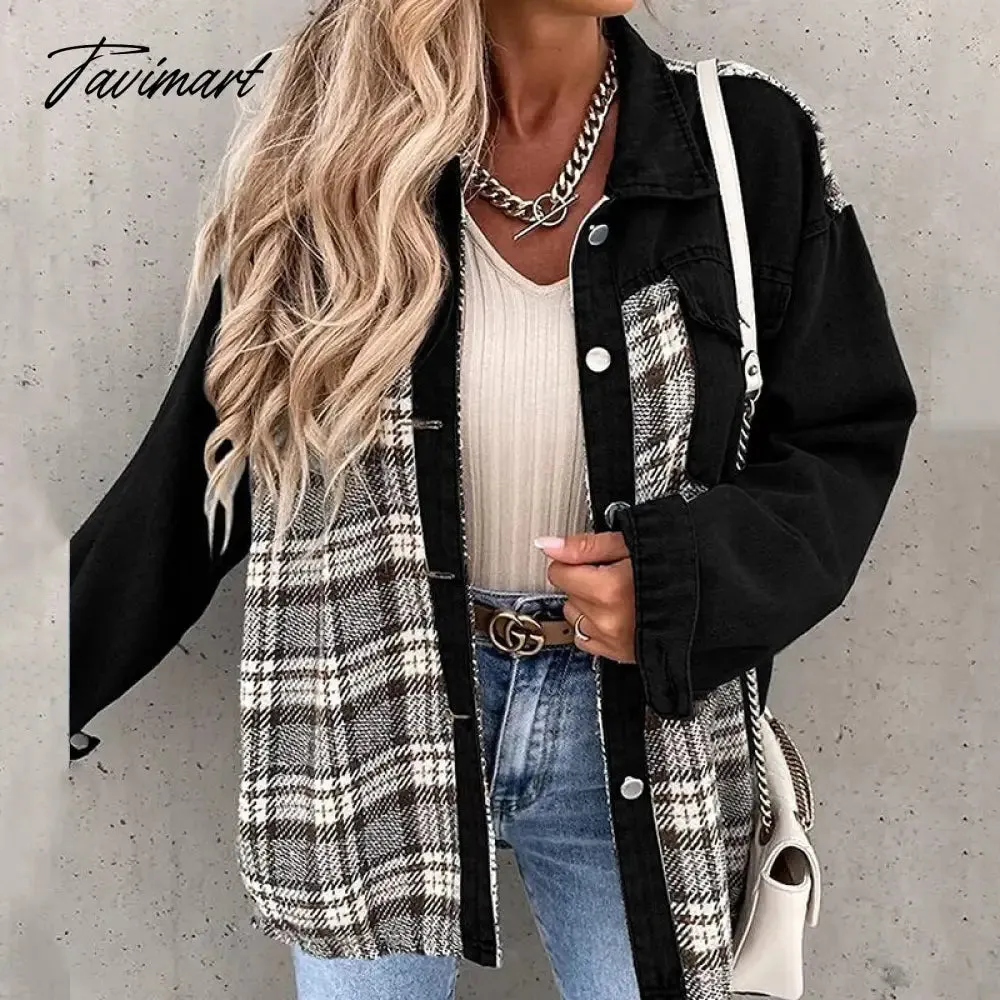 Tavimart Casual Button Turn-Down Collar Shirt Coat Top Women Fashion Commute Cardigan Coats Denim Jacket With Long Sleeve Plaid Patchwork