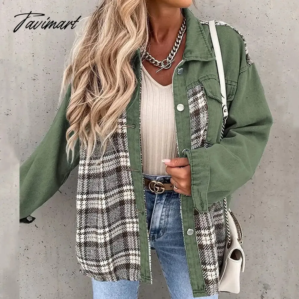 Tavimart Casual Button Turn-Down Collar Shirt Coat Top Women Fashion Commute Cardigan Coats Denim Jacket With Long Sleeve Plaid Patchwork