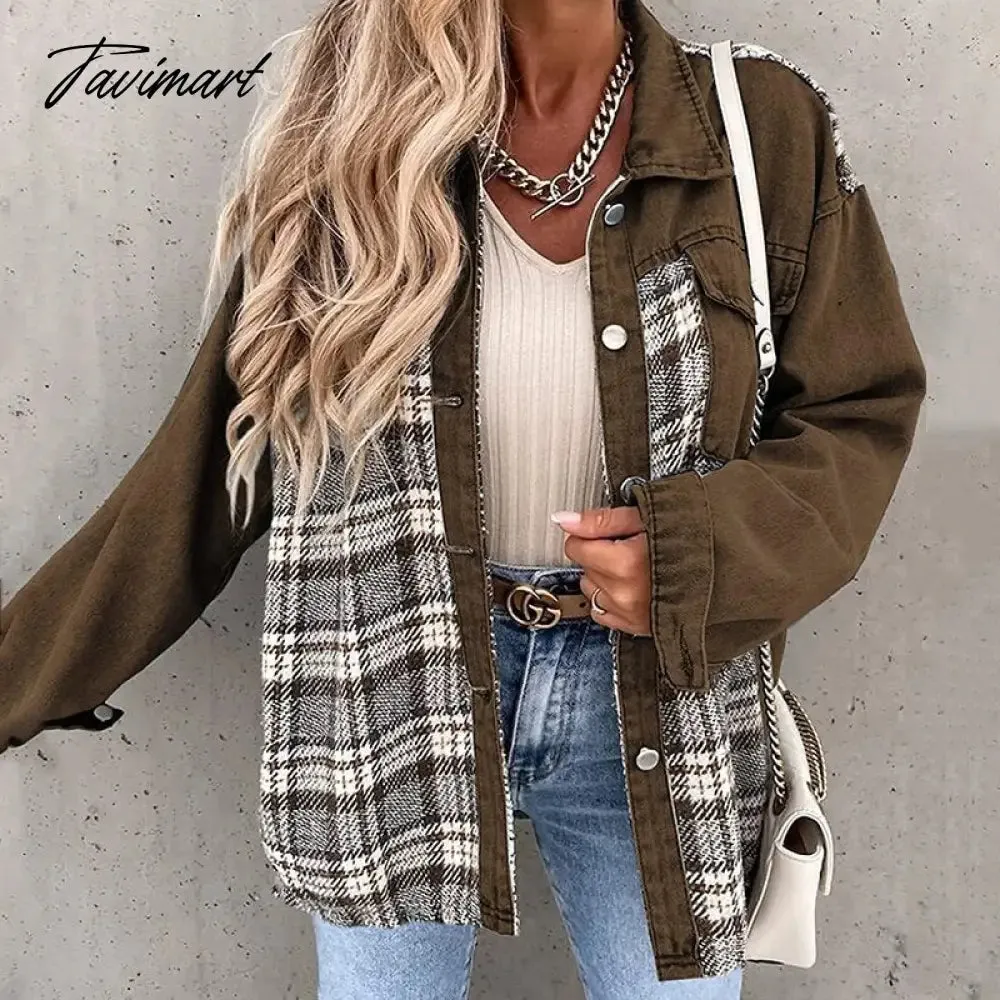 Tavimart Casual Button Turn-Down Collar Shirt Coat Top Women Fashion Commute Cardigan Coats Denim Jacket With Long Sleeve Plaid Patchwork